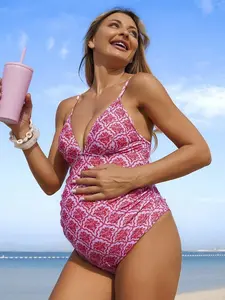 DAISY x 2026 Spring/Summer Vacation Maternity Floral Print One-Piece Swimsuit, Summer Beach Vacation,New Women's Swimwear ArrivalFor School,Suitable For Holiday, Date, Afternoon Tea, Western, Cruise, Beach, Island, Road Trip, All Seasons, Music Fe