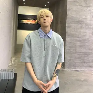 Unique Design Striped Lapel Patchwork Fake-Two-Piece Polo Shirt for Men, Short-Sleeve Summer Fashion Brand, Loose Half-Sleeve T-Shirt