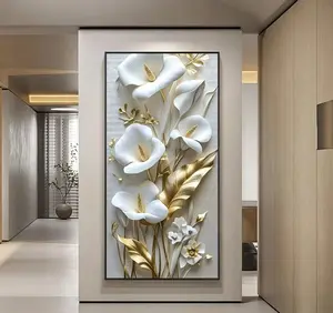 Frameless Modern Abstract White Canvas Art - Large-Sized Wall Decoration Suitable for Living Rooms, Bedrooms Or Corridors, Elegant Golden Details, Textured Background, Perfect Modern Interior Decoration, Floral Decoration