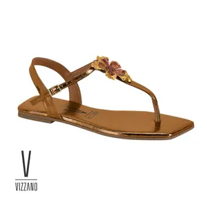 Vizzano Metallic Flower Thong Sandals – Slingback Flats  Women’s Metallic Toe‑Post Flats with 3D Flower  Dressy Slingback Flat Sandals – Square Toe
