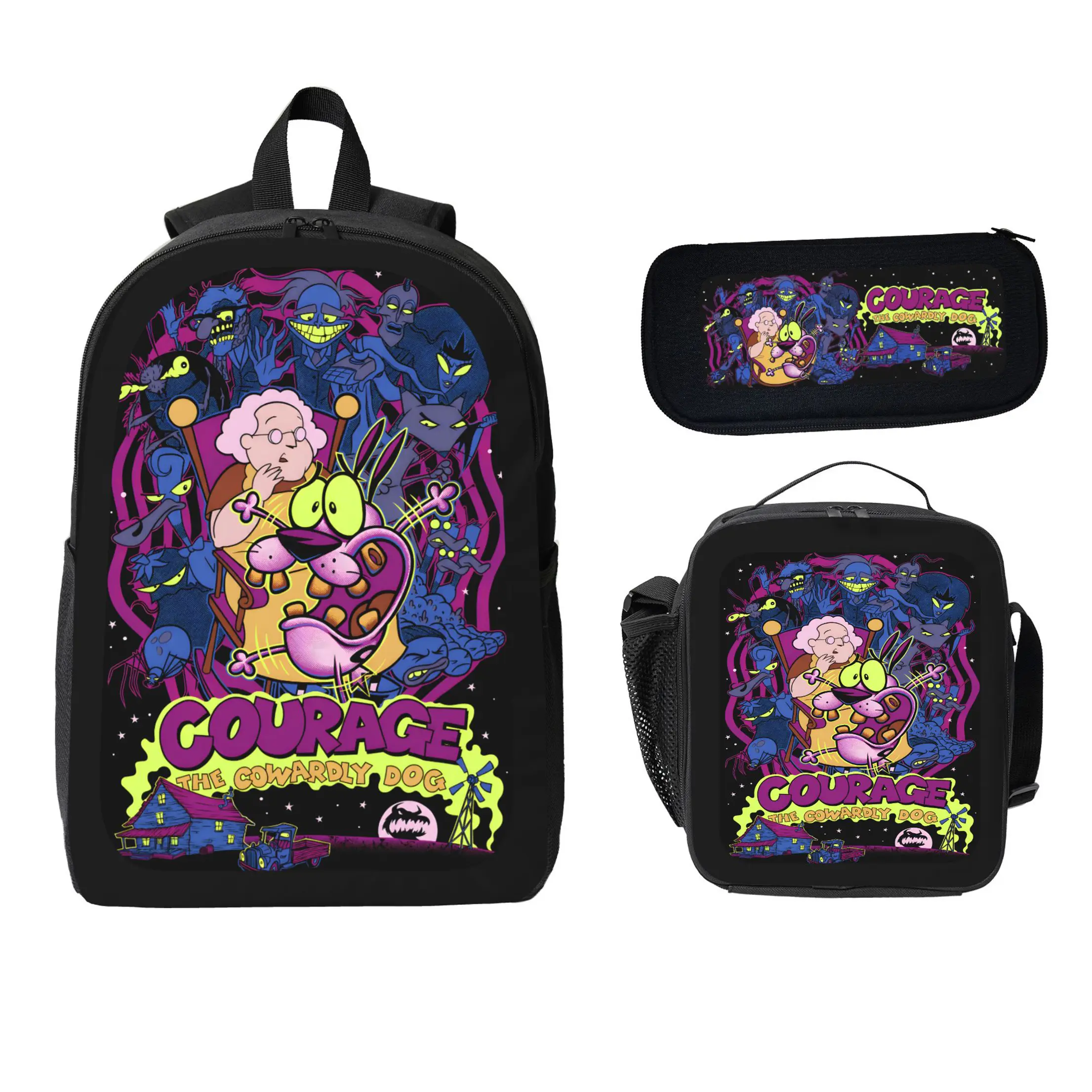 Complete 3-Piece School Set with Cartoon Dog Graphic, Lightweight Large Capacity Polyester Backpack with Lunch Bag and Pencil Case for Kids & Teens