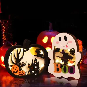 2pcs Halloween Lighted Wooden Table Decoration, Ghost Pumpkin Tabletop Centerpieces LED Boo Spooky Sign for Trick or Treat Halloween Party Dinner Coffee Table Topper Tier Tray Room Decor