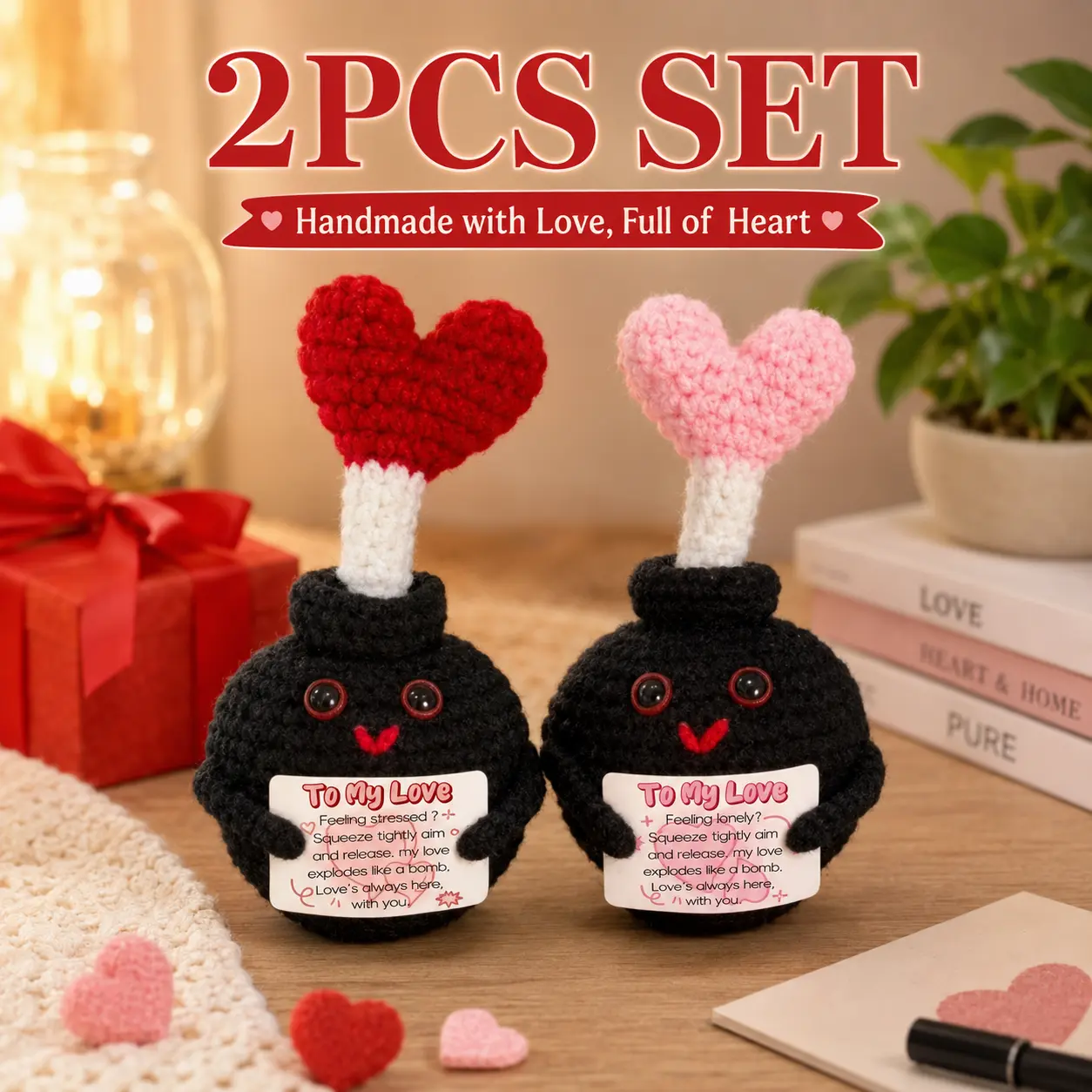 2PCS Crochet Heart Love Bombs, Handmade Cute Love Gift, Romantic Desk Decor for Girlfriend, Boyfriend, Anniversary & Birthday