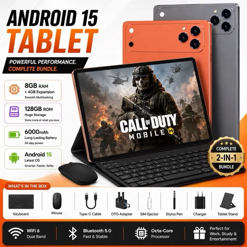 10.1-Inch Unlocked Android 15 Tablet, 8GB Large Running Memory (4GB+4GB Expansion), 128GB Massive Storage Space, Supports a Powerful Battery with Up to 12 Hours of Battery Life, 1280X800 HD Resolution, Front And Rear Dual Camera Combination