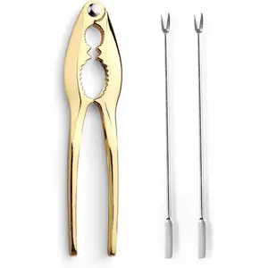 3 Pcs Gold Lobster Crackers and Picks Set, Crab Leg Cracker Tools, Stainless Steel Seafood Crackers & Forks Nut Cracker Set for Eating Stake Support(Nut cracker+2 silver picks)