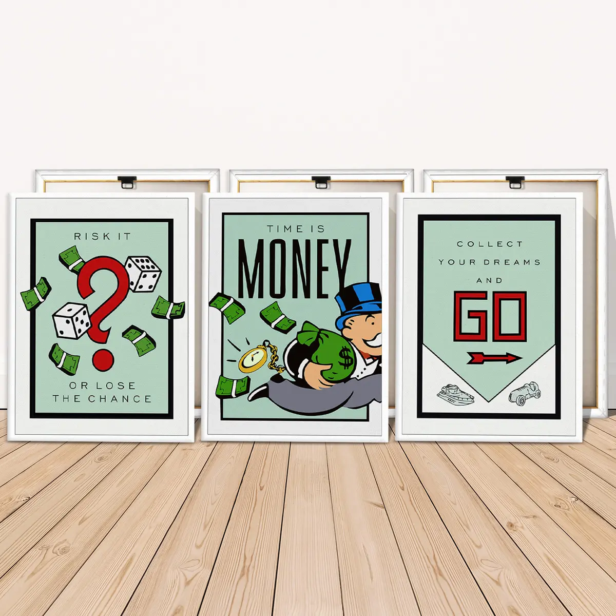 3 Counts Wooden Framed Canvas Painting, Monopoly Inspired Motivational Images, Living Room Decoration, Modern Art, Art Deco Style, Wall Art Decoration, Waterproof Art, Decorative Artwork, Western Wall Art, Creative Design Print