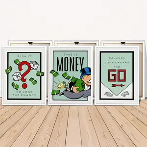 3 Counts Wooden Framed Canvas Painting, Monopoly Inspired Motivational Images, Exquisite Poster, Perfect Living Room Decoration, Modern Art, Art Deco Style, Fashion Family Poster, Wall Art Decoration, Waterproof Art, Artwork, Western Wall Art