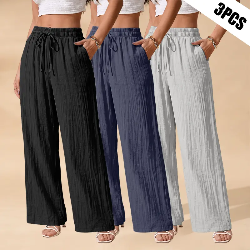 Women’s 3-Pack Summer Loose Wide-Leg Casual Bottoms - Solid Textured Fabric, Elastic Drawstring Waistband, Side Patch Pockets, Basic Comfortable Fit, Stylish Straight-Cut Floor Pants for Holidays, Everyday Outings, Loose Fit, All Seasons