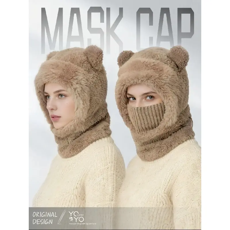 Cute Bear Ear Knitted Fleece Balaclava Headwear - Warm Winter Beanie with Face Cover Balaclava, 3 Colors Available, Ideal for Cold Weather Outdoor Activities