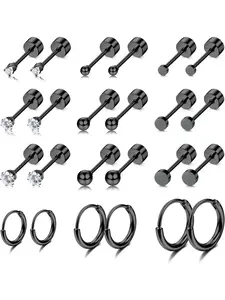 Cool 12 Pairs Black Stud Earrings Trendy Surgical Steel Flat Back Earrings for Women Men Hypoallergenic Small Hoop Earrings Ball Cubic Zirconia Cartilage Earrings for Multiple Piercings Hoop Earring Sets