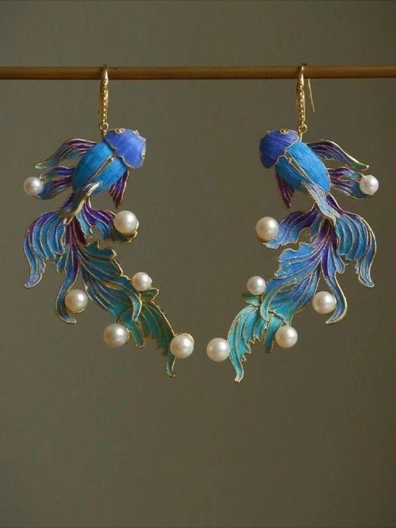 Vintage Ethnic Blue Koi Earrings, Elegant Enamel Finish Fish Design, Unique Personality Jewelry, Women's Party Holiday Earrings