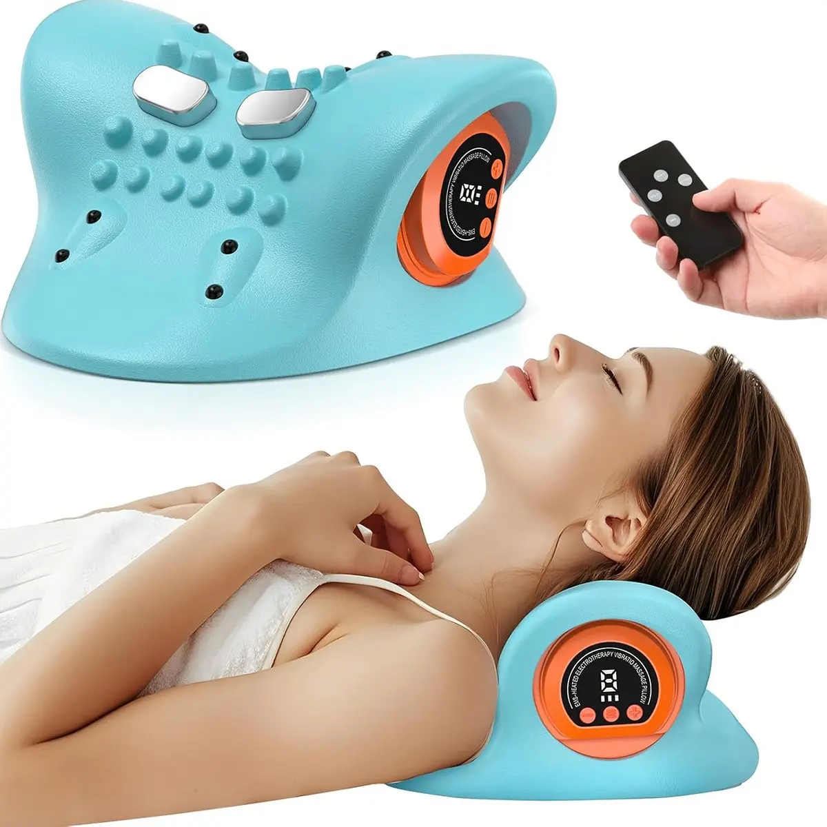 USB Rechargeable Heating Neck Massager Pillow, Deep Tissue Massage Pillow, 3-Level Adjustment, Blue Design, Perfect Gift for Family, USB Rechargeable Massagers