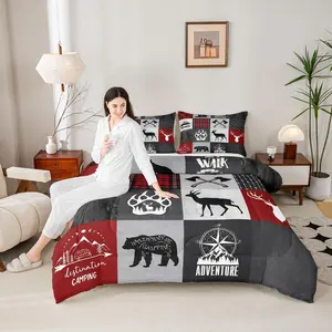 Deer Antler Bear Kids Comforter Set,Plaids Boho Arrows Patchwork Bedding Set for Boys Girls Adults Room Decor,Rustic Adventure Camper Down Comforter,Red Xmas Duvet Insert