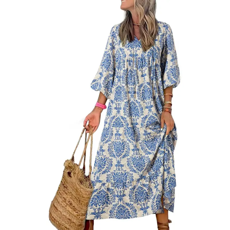 Women Boho Maxi Dresses 2026 V Neck Long Puff Sleeve Smocked Ruffle Flowy  Casual Dress, suitable for daily wear, dates, and the beach - TikTok Shop