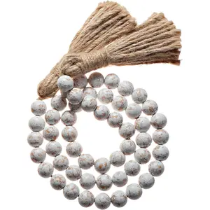 Farmhouse Wood Bead Garland Set of 2 with Tassels - Decorative Home Boho Beads (2 Pack)