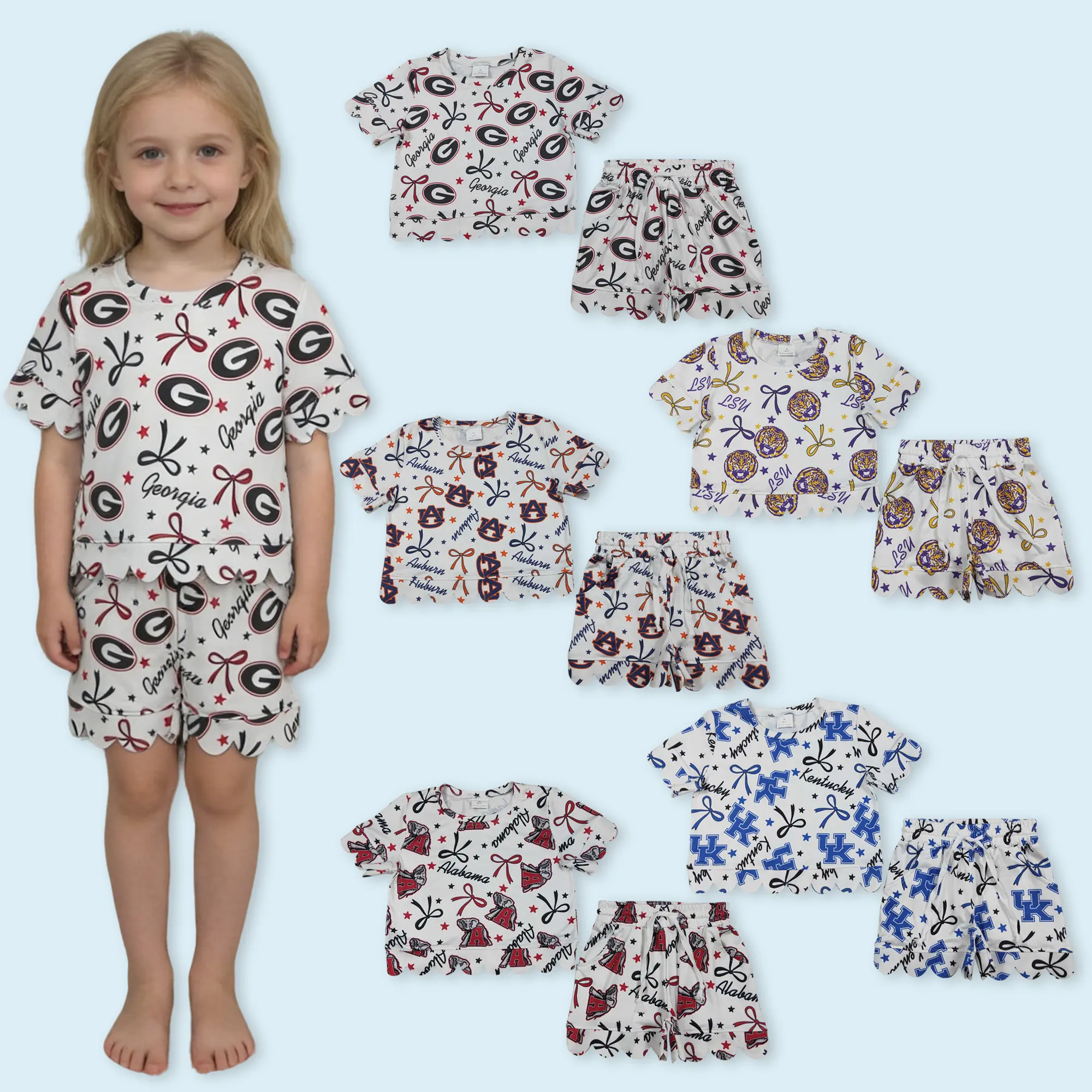 Football team short sleeve scallop outfits kids summer boutique clothes