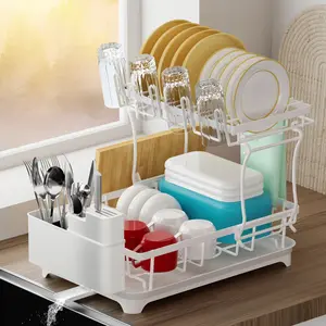 Foldable Over Sink Dish Drying Rack, 2-Tier Pull Out Dish Drainer with Utensil Holder, Space Saving Kitchen Storage Organizer