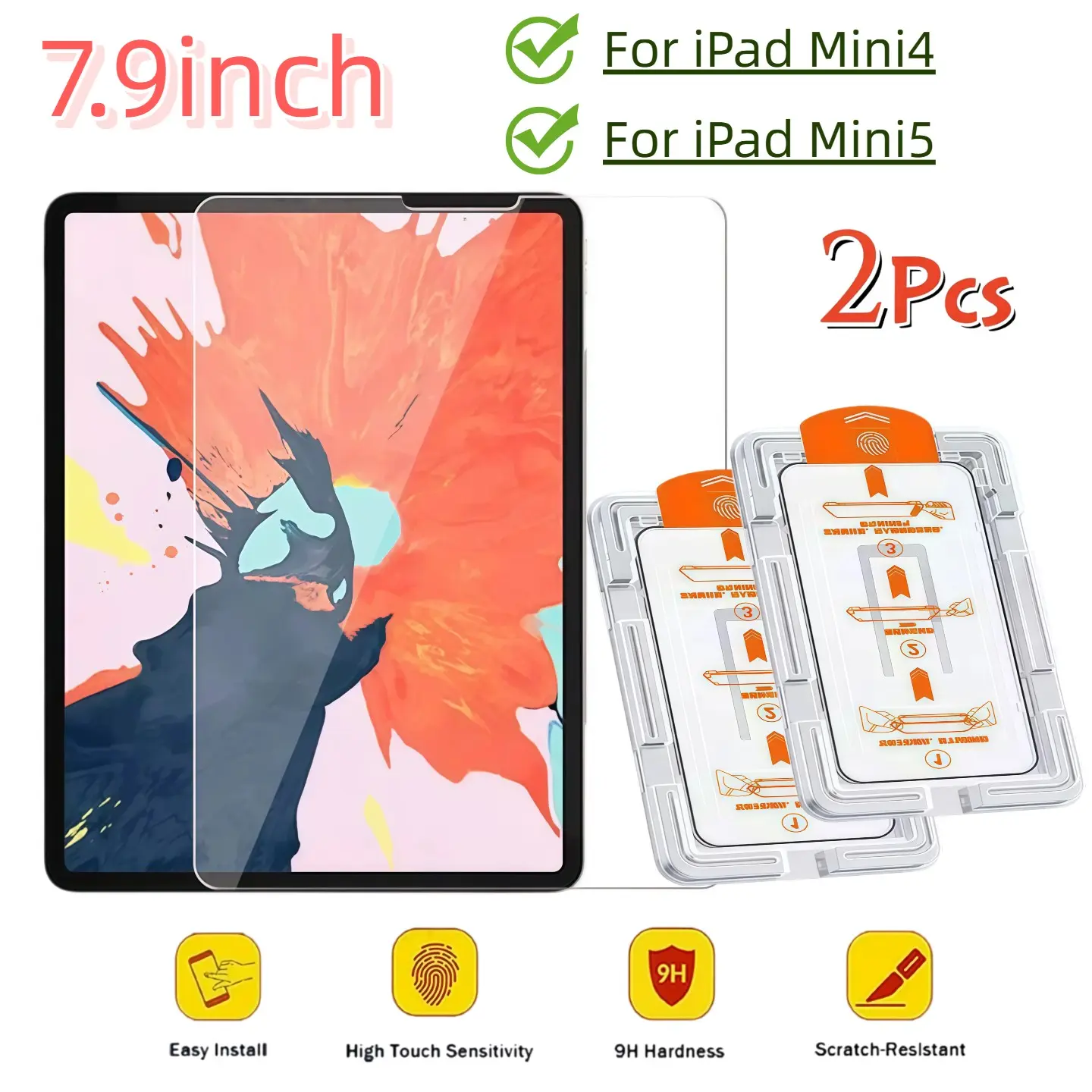 2-Pack Tempered Glass Screen Protector for Apple iPad 7.9 Inch Mini4/mini5, 9h Hardness, Easy Install, Anti-Scratch, No Dust, No Bubbles