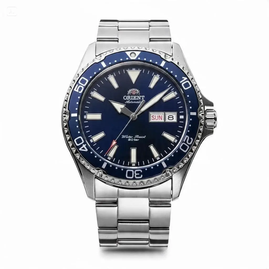 Orient Men's Luxury Mechanical Wrist Watch - Blue Dial, Stainless Steel Band, Date Display, 80m Water-Resistant, Silver Tone