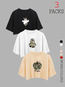 Women's Halloween Ghost Pattern Retro Style Casual Three-Piece Set, Short Sleeve Summer Gym Running Wear, Fashionable Home Comfort Clothing