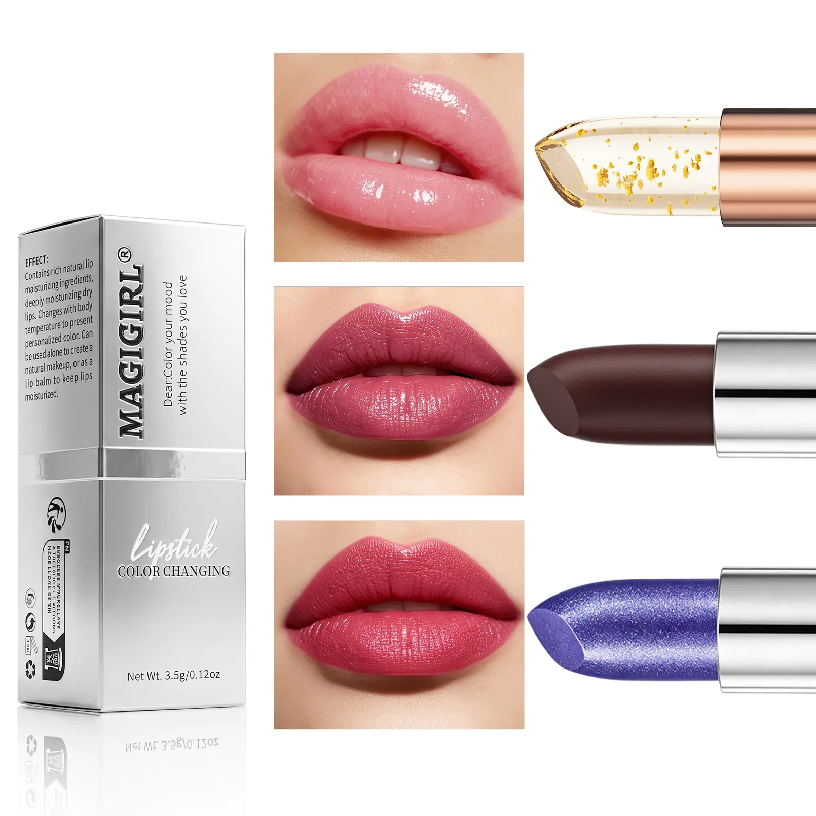 MAGIGIRL 3PC Color Changing Lipstick - Clear pH Tinted Lip Balm, Long Lasting Moisturizing Non-Sticky Formula, Gold Crystal Glow, Mothers Day Gifts for Women