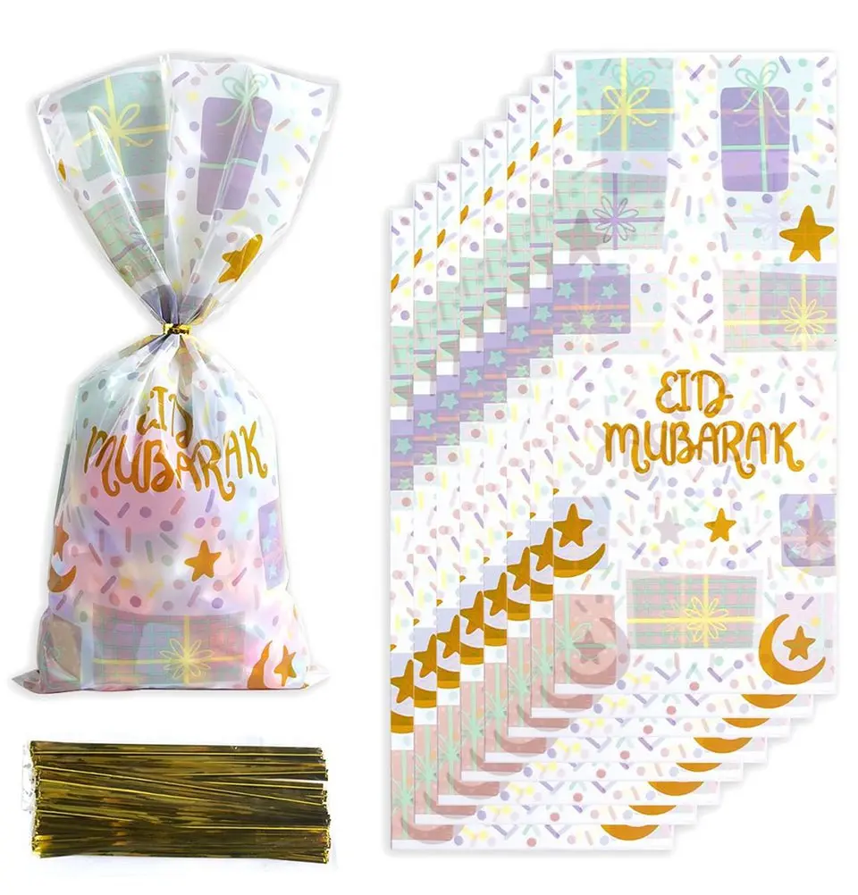 Party Favor Treat Bags - Eid Mubarak White & Gold - Set of 10