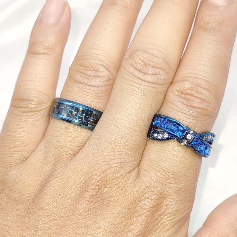 Ringcrown Couple Rings Blue Matching Rings Princess Cut AAA CZ Women Wedding Ring For Him And Her Men Titanium Steel Wedding Band