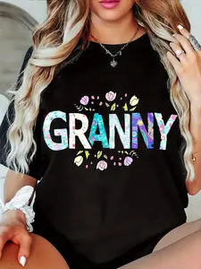 Women's Oversized "GRANNY" & Tulip Print T-Shirt - Soft Stretch Round Neck Short Sleeve Blouse-Compatible Top Suitable for Daily Wear, Family Gatherings, Machine Washable Loose Fit Casual Shirt with Granny Lettering