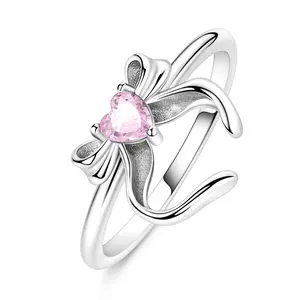 MULA S925 Sterling Silver bow heart-shaped ring inlaid with pink zircon, cute romantic ribbon ring, suitable for women and girls, a committed love gift for Valentine's Day, birthday, anniversary