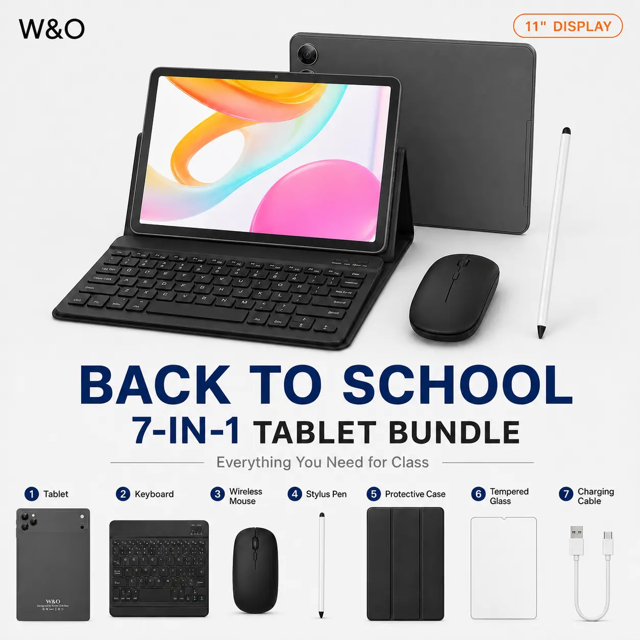 W&O New 11" Android 15 Tablet, Large HD Screen, 12GB RAM+256GB Expandable Storage, 10000mAh Long-Lasting Battery, 5G WiFi, Dual Camera, Tablet Bundle with Keyboard, Mouse, Stylus&Case, Portable Device for Work, Back to School, Valentine’s Day Gift