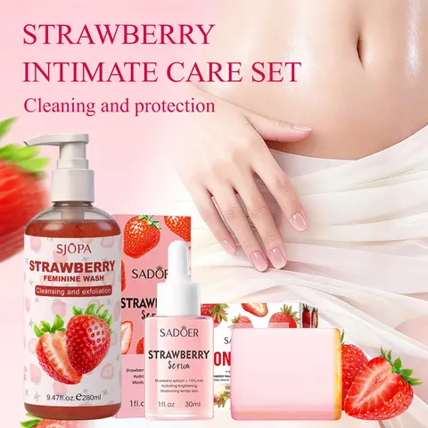 Sjopa 3PCS Women's Organic Strawberry Feminine Intimate Cleanser Multi-Pack - Antibacterial, Rich Foam, Deep Cleansing Sensitive Area Wash, Controls Odor, All Skin Types, 24 Months Shelf Life