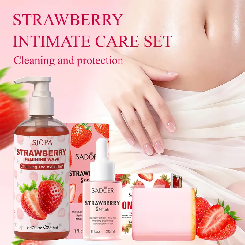 Sjopa 3PCS Women's Organic Strawberry Feminine Intimate Cleanser Multi-Pack - Antibacterial, Rich Foam, Deep Cleansing Sensitive Area Wash, Controls Odor, All Skin Types, 24 Months Shelf Life