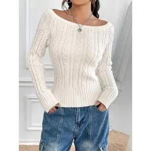 Women's Boat Neck Cable Knit Long Sleeve Pullover Sweater, Autumn/Winter Slim Fit Solid Color Casual Lightweight Thin Fashion Cozy Sweater Top, Women Fall Outfit, Cute Knitwear for Women