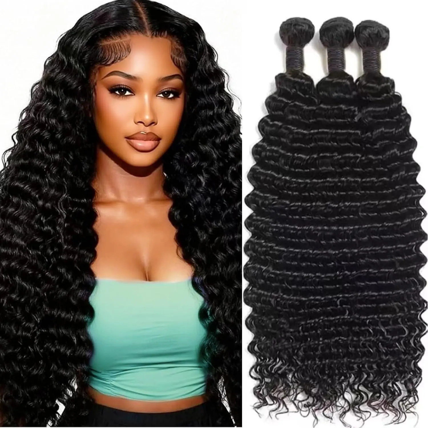 12A Human Hair Bundles Curly Bundles Human Hair Deep Wave Bundles Deals Wet and Wavy Quick Weave Real Hair Extensions For Women Natural Black  12-32 Inch
