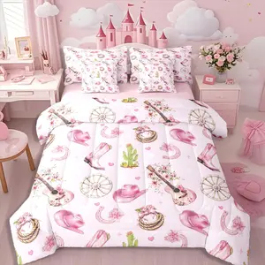 7-Piece Cute Pink Western Cowgirl Bedding Set,Cactus Guitar Bow Comforter Set for Teens Girls,Vintage Western Hat Boot Wildflower Bed in A Bag