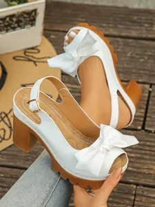 Women's Summer High Heel Chunky Sole Fashionable Casual Sandals, 2026 New Fashion Korean Style Buckle Strap Fish Mouth Bowknot Heels Bowknot Design Platform Shoes, Casual PU Leather