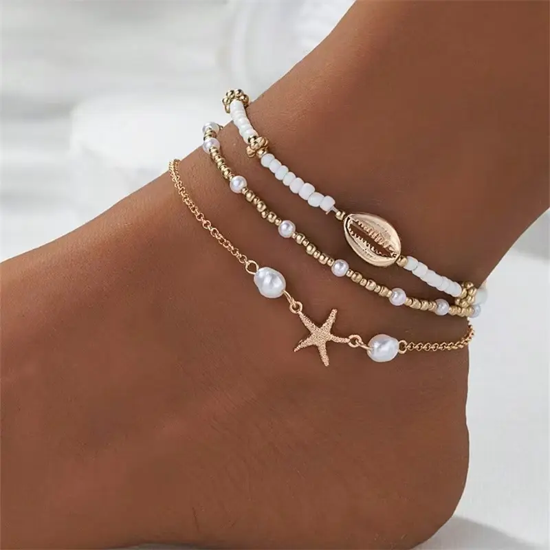Women's 3pcs/Set Minimalist Gold Geometric Star Anklets - Fashion Versatile Foot Jewelry for Daily Wear, Vacation, Party Gifts & Home Supplies Festive Accessories, Set Of Three