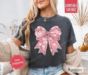 Pink Santa Bow Shirt Comfort Colors, Coquette Christmas Tee, Women's Holiday Tshirt