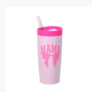 Mamma Cup - Pink Tumbler with Bow Design and Straw, Perfect for Daily Use