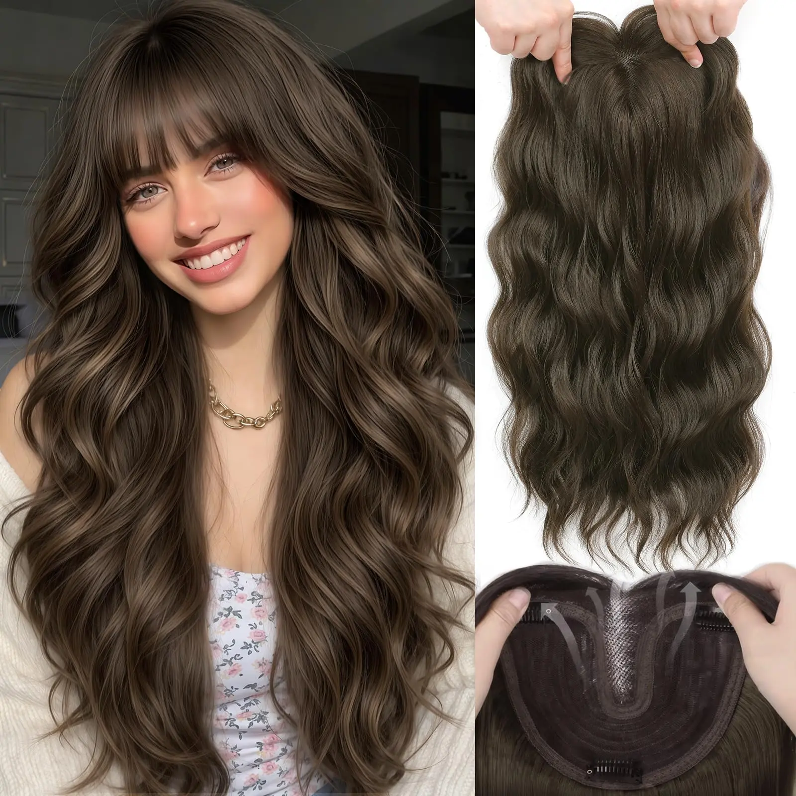 HMD Hair Topper With Bangs 20 Inch Toppers for Women with Thinning Hair, Adds Volume & Length, Lightweight & Breathable Synthetic Hair