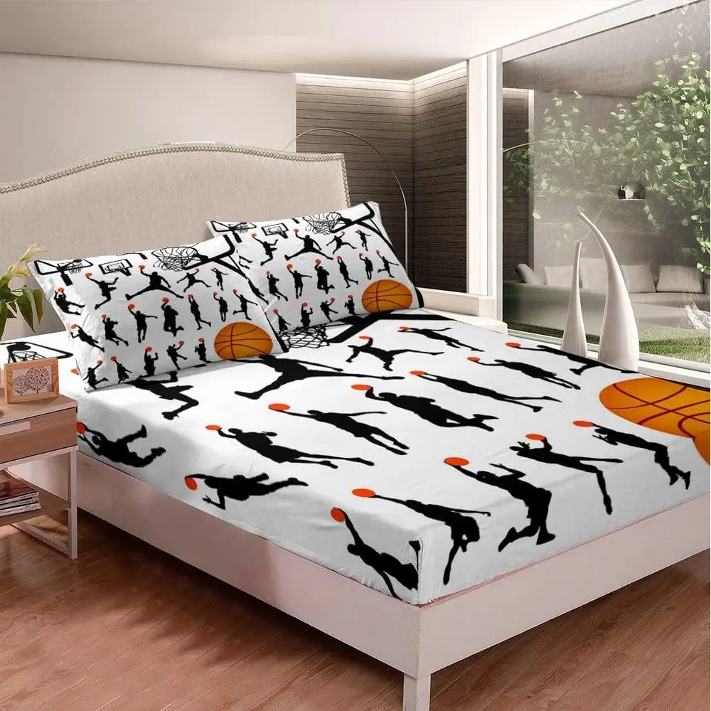 Feelyou Microfibre Bedroom Bedding Set - Sport-Themed Fitted Sheets, 3D Basketball Print Luxury Bed Cover, Gift for Sports Players