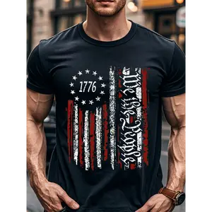 [Ultra-Soft Cotton T-shirt] WE THE PEOPLE American Flag 1776 Ultra-Soft 100% Cotton Black T-shirt For Men |   Graphic Casual Crew Neck, Funny, Stylish, Original, Cool, Breathable For Running And Weekend