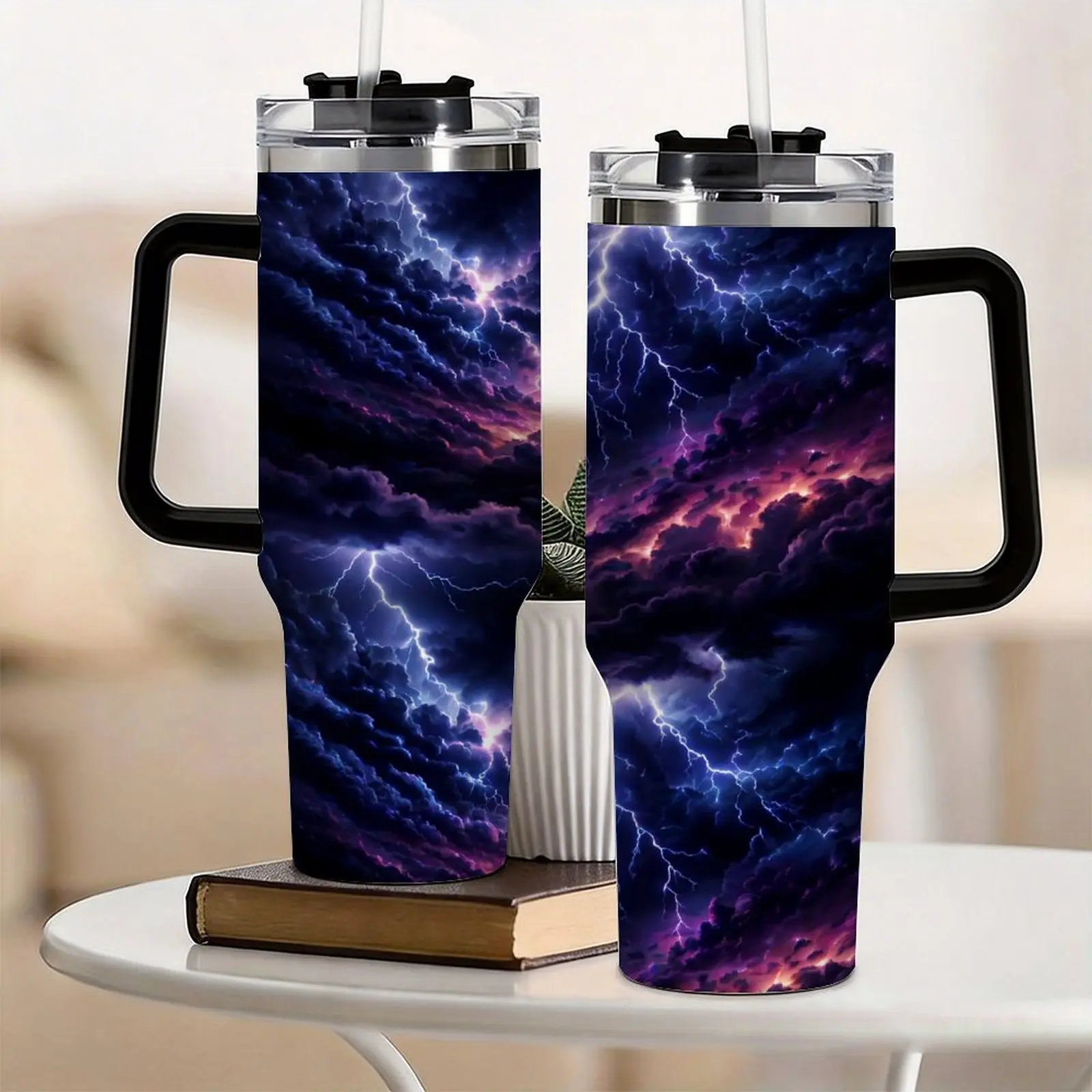 40oz (1,000-2,000 ml) Dark Purple Lightning Thundercloud Anti-Scalding Stainless Steel Insulated Flask, Gothic Stormy Sky Spill-Proof Travel Mug with Handle, Car Truck Cup, Streetwear Gift for Dark Aesthetic Fans