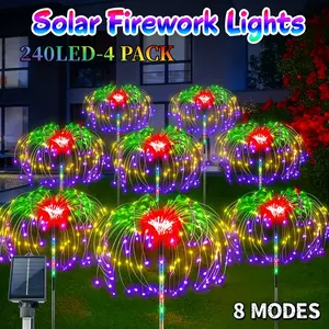 4 Pack Solar Firework Lights | 8 Modes Solar Powered Outdoor Lights, Solar Flashing Landscape Lamps for Garden, Patio, Pathway, Lawn, Christmas Decor, Party and Sidewalk