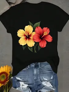 Vibrant Yellow Red Hibiscus Floral Print Black Soft Jersey T-Shirt Women Trendy Hawaiian Tropical Graphic Tee Summer Beach Vacation Lightweight Breathable Crew Neck Short Sleeve Casual Street Style Y2K Fashion Must Have Viral TikTok Outfit Inspo