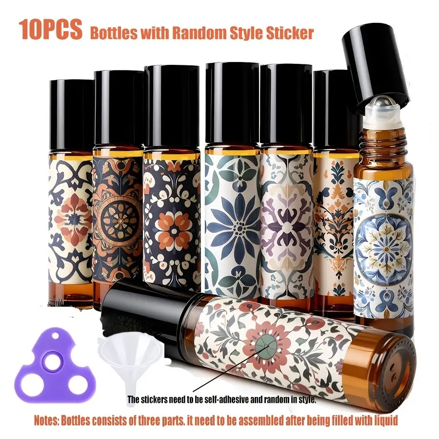 10pcs Rollerball Bottles with Boho Stickers, Amber Glass Empty Cosmetic Bottles for Essential Oils, Perfume, Lip Gloss Travel Use, Best Mother's Day Gift