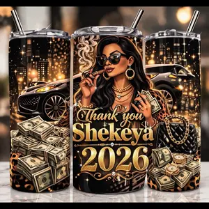 Thank You Shekeya 2026 20oz Custom Skinny Tumbler with Luxury Design and Money Theme Perfect for Gifts