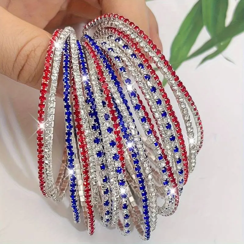 10pcs Bohemian Red, White & Blue Rhinestone Stretch Bracelets Women/ Men Silver Plated Copper Elastic Bangles Exquisite Shiny Handmade Sparkling Rhinestone Multi-layer Bracelets Minimalist Vintage Stackable Wristband Set