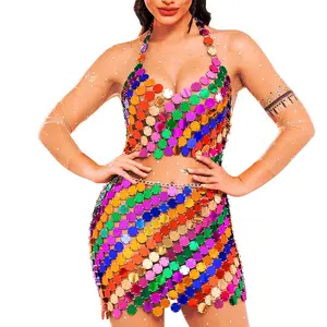 Rave Chainmail 2 Piece Set Rainbow Sequin Skirt and Top Sets Sparkly Outfit for Women