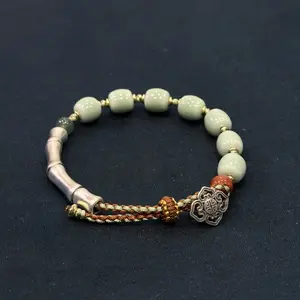 Handmade Chinese Celadon Bamboo Silver Bracelet - Enamel Charm Adjustable